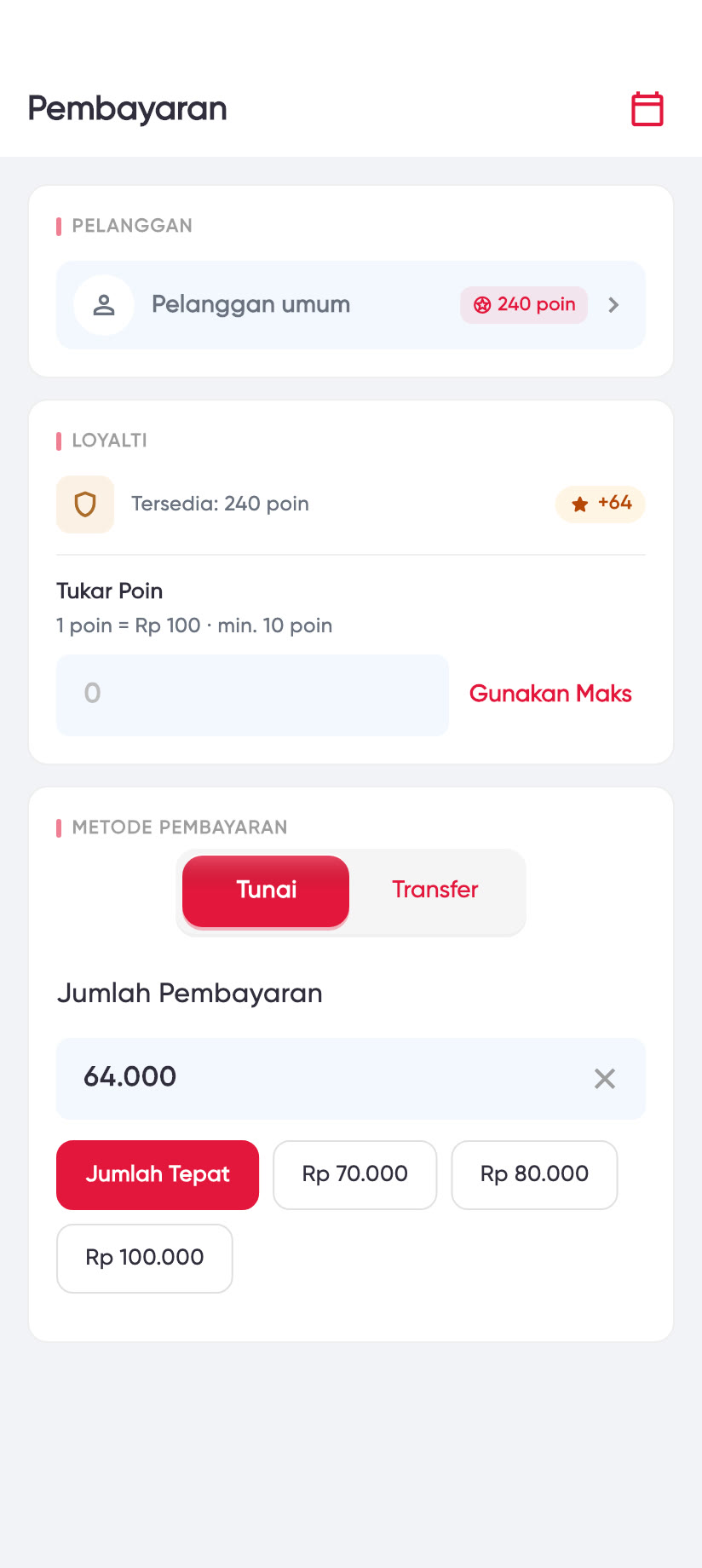 Layar bayar: pelanggan punya 240 poin, belanja ini dapat +64, tukar poin